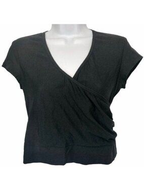 Vintage Y2K faux Wrap Crop Top Stretchy Short Sleeve Black lightweight mesh